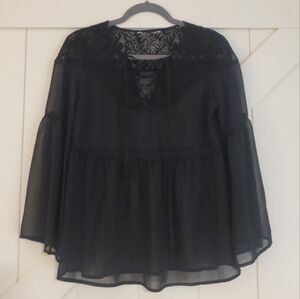 Decree 90s Y2K Black Sheer Lace Top Tiered Bell Sleeve Witchy Whimsigoth Gothic